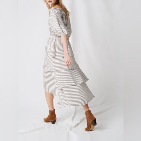 Maje Striped Off-Shoulder, Tiered, Ruffle Dress - Picture 2 of 8